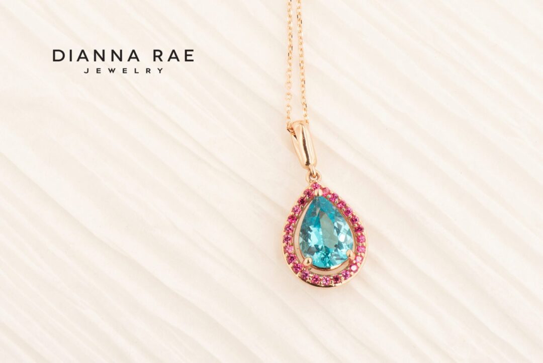 Rose Gold Pear Apatite Pendant with Pink Spinel Halo - Image 2