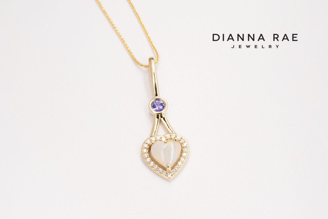 Yellow Gold Heart Opal and Lavender Sapphire Pendant with Diamond Halo - Image 2