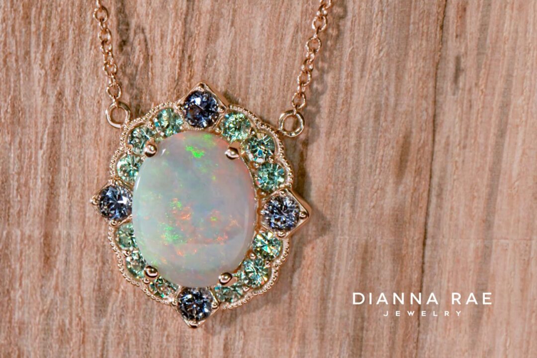 Bloom - Yellow Gold Oval Opal Scalloped Halo Necklace with Demantoid Garnet and Lavender Spinel Accents - Image 2