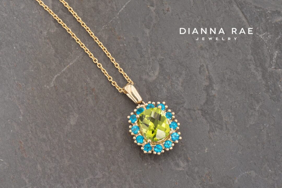Yellow Gold Cushion Peridot Cluster Halo Pendant with Apatite Accents