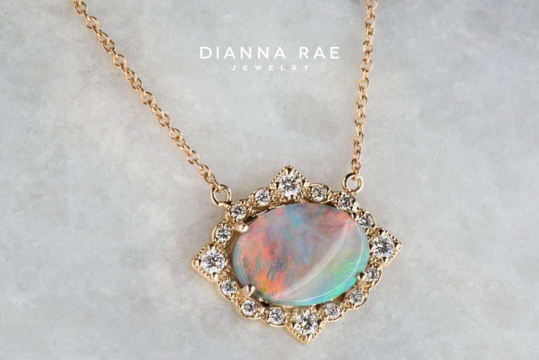 Autumn - Yellow Gold Oval Opal East West Necklace with Scalloped Diamond Halo