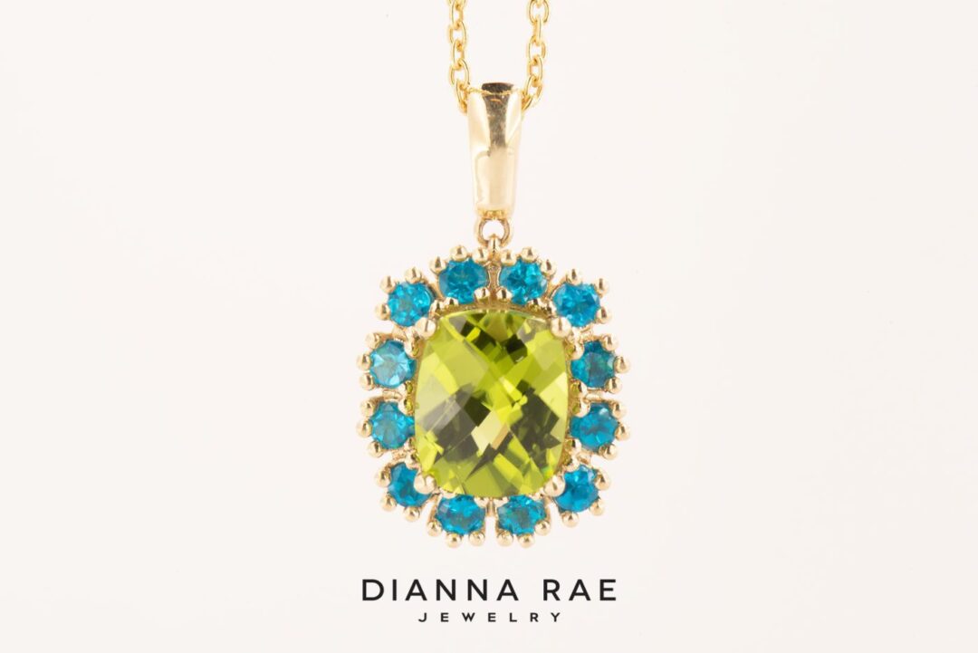Yellow Gold Cushion Peridot Cluster Halo Pendant with Apatite Accents - Image 2
