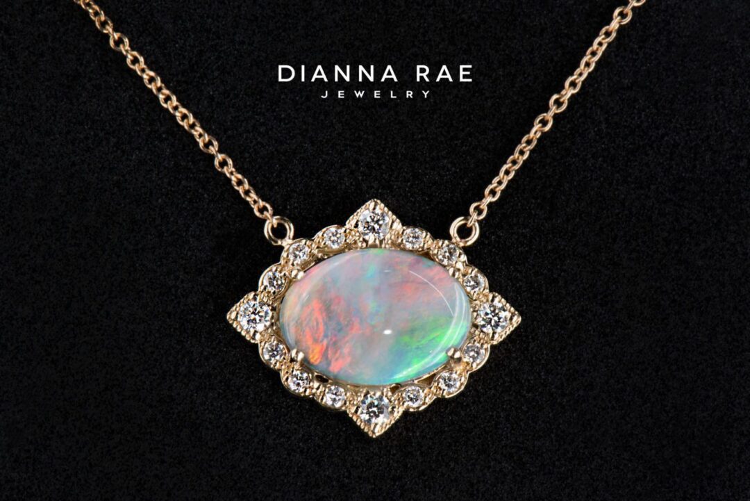 Autumn - Yellow Gold Oval Opal East West Necklace with Scalloped Diamond Halo - Image 2