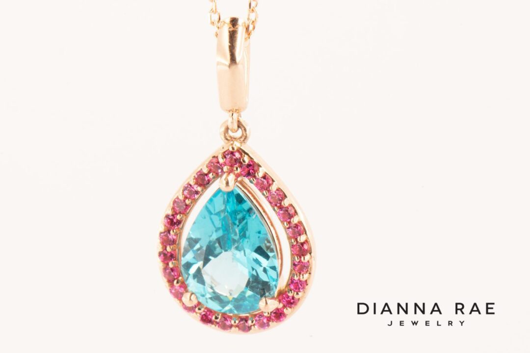 Rose Gold Pear Apatite Pendant with Pink Spinel Halo - Image 3