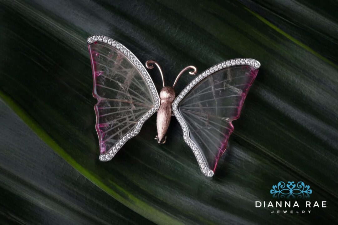 Butterfly Pin with Watermelon Tourmaline and Diamond Wings