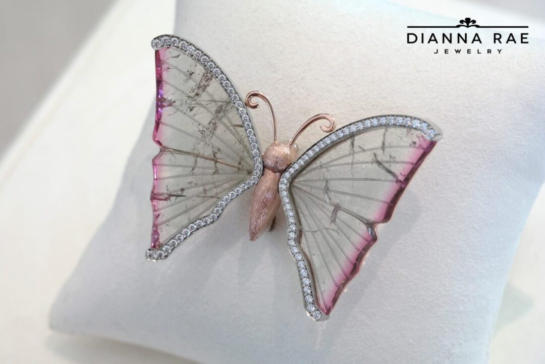 Butterfly Pin with Watermelon Tourmaline and Diamond Wings - Image 2