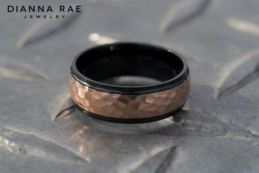 Black Zirconium and Rose Gold Hammered Mens Band