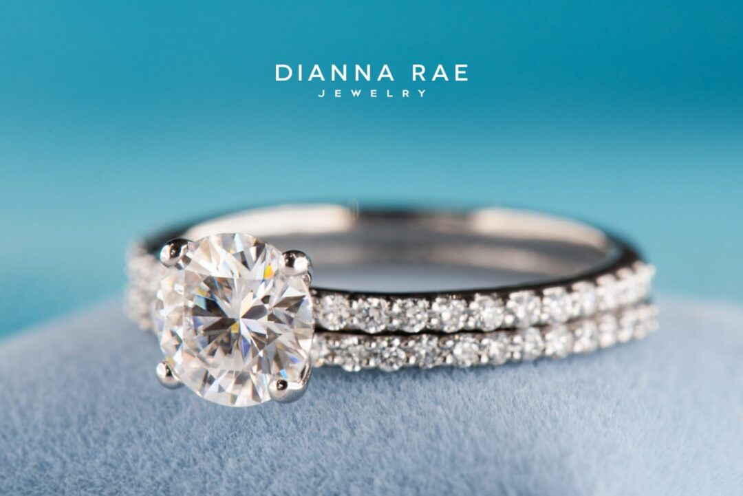 Platinum Round Moissanite Four-Prong Solitaire Engagement Ring with Matching Wedding Band - Image 2