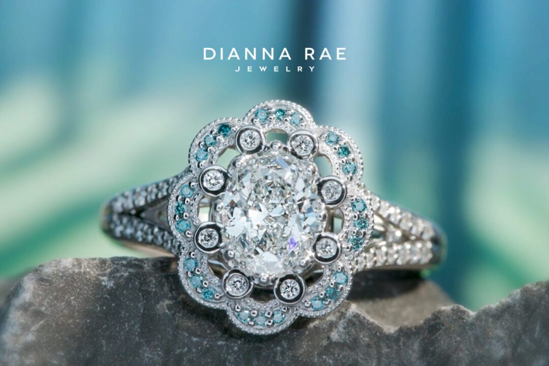 Ambrosia - White Gold Scalloped Oval Diamond Halo Engagement Ring with Blue Diamond Accents