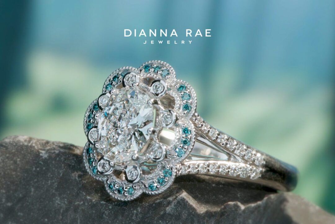 Ambrosia - White Gold Scalloped Oval Diamond Halo Engagement Ring with Blue Diamond Accents - Image 3