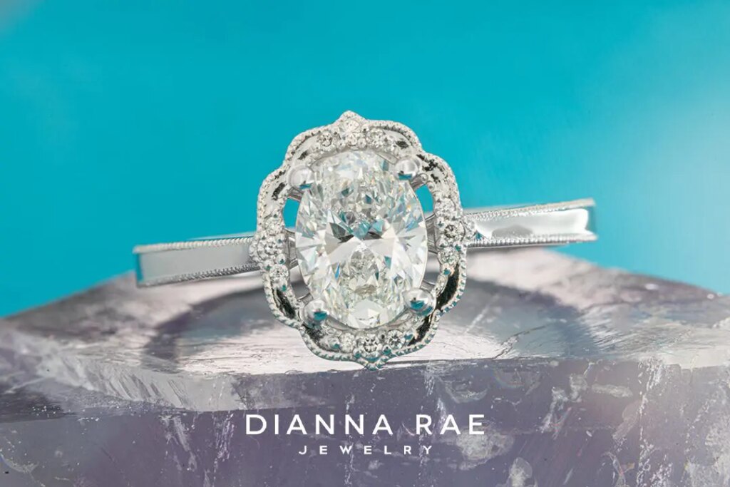 Daisy Blossom – White Gold Oval Engagement Ring with Milgrain Detail