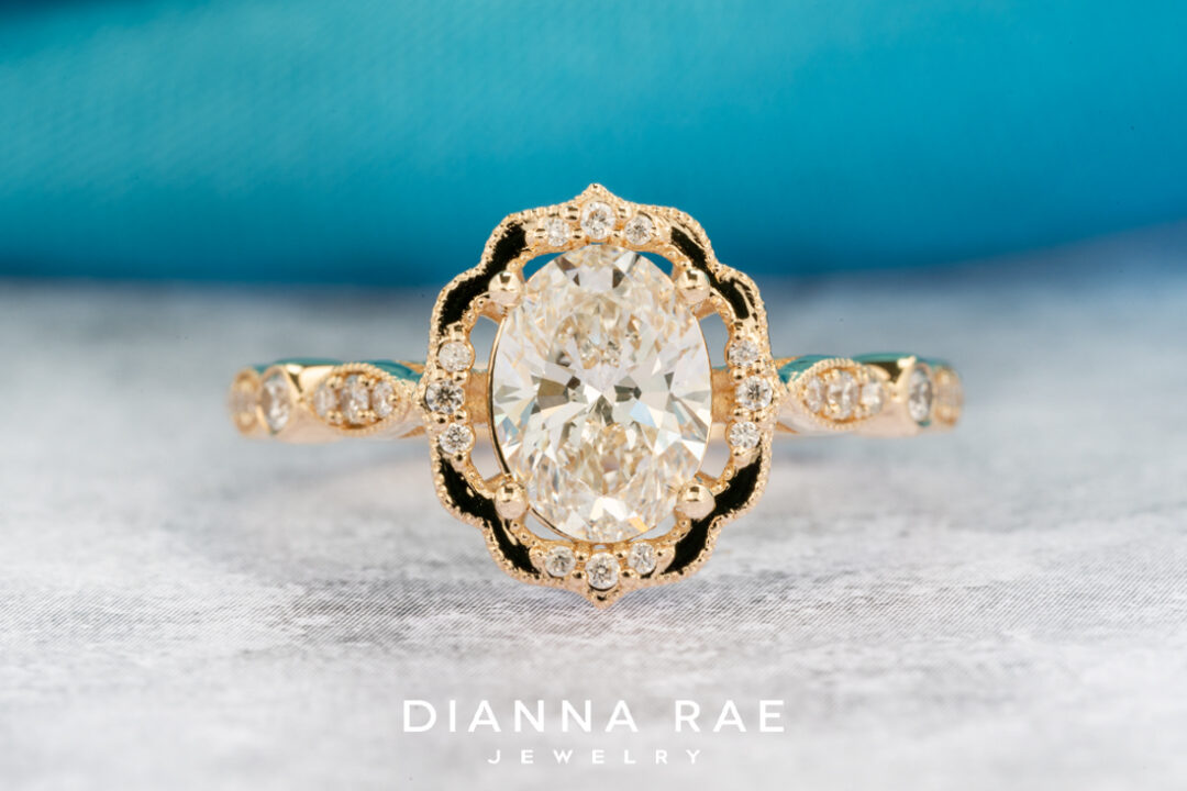 Daisy Blossom Petal - Yellow Gold Oval Halo Engagement Ring - Image 2