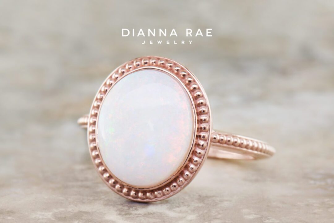 Gold Bezel Oval Australian Opal Statement Ring with Milgrain Accented Halo