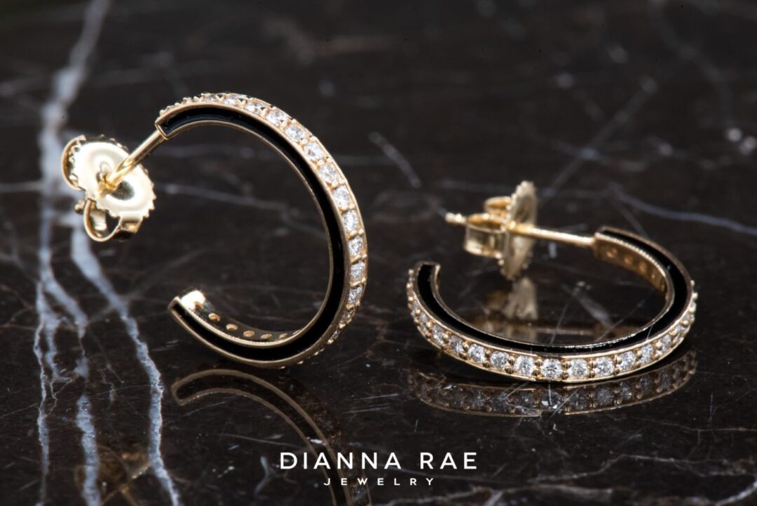 14k Yellow Gold Enamel and Diamond Hoops - Image 4