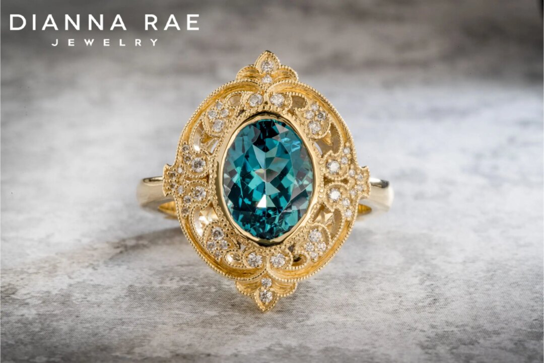18K Yellow Gold Ring with Green Tourmaline and Diamond Accents