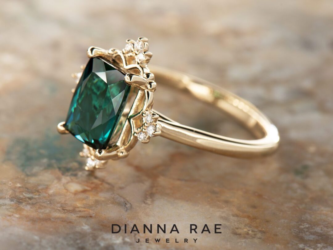 Caribbean Current - Yellow Gold Vintage Inspired Antique Cushion Tourmaline Ring - Image 2