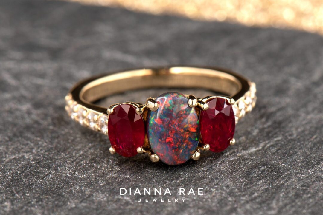 Yellow Gold Opal and Ruby Three Stone Ring - Image 2