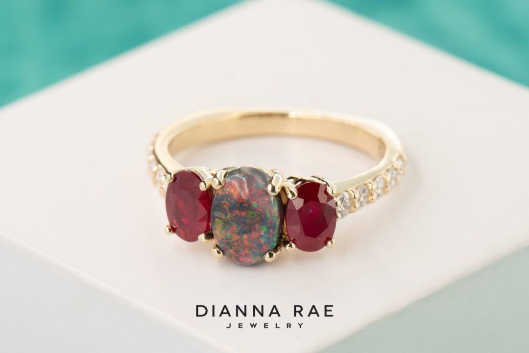Yellow Gold Opal and Ruby Three Stone Ring