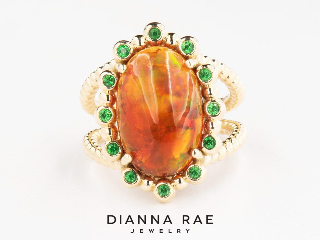Yellow Gold Mexican Opal Ring with Tsavorite Garnet Accents - Image 3