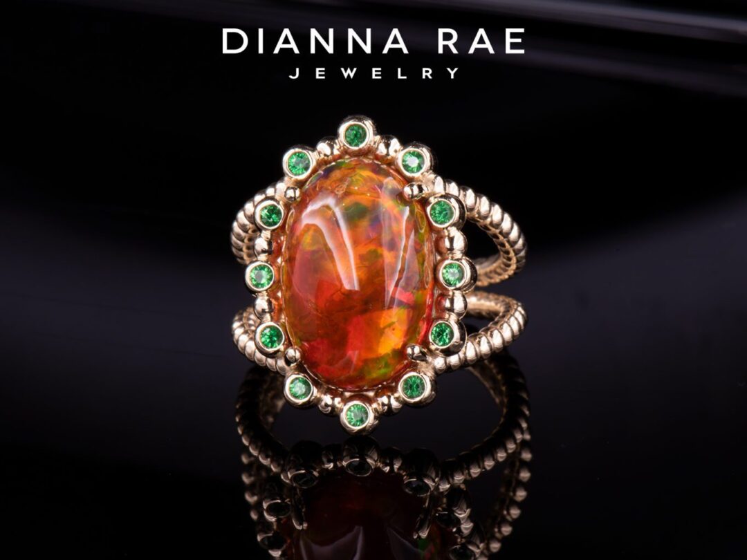 Yellow Gold Mexican Opal Ring with Tsavorite Garnet Accents - Image 2
