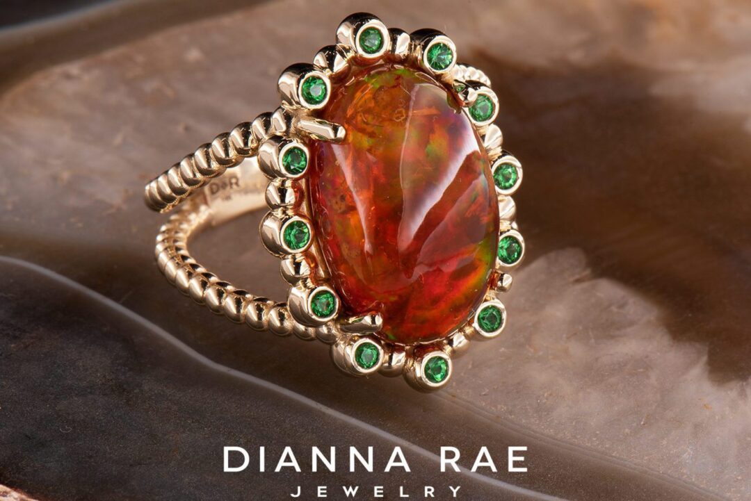 Yellow Gold Mexican Opal Ring with Tsavorite Garnet Accents