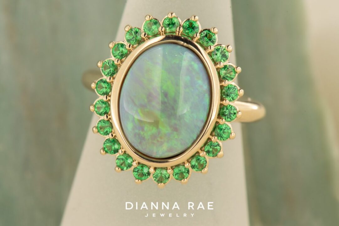 14k Yellow Gold Opal and Tsavorite Garnet Ring