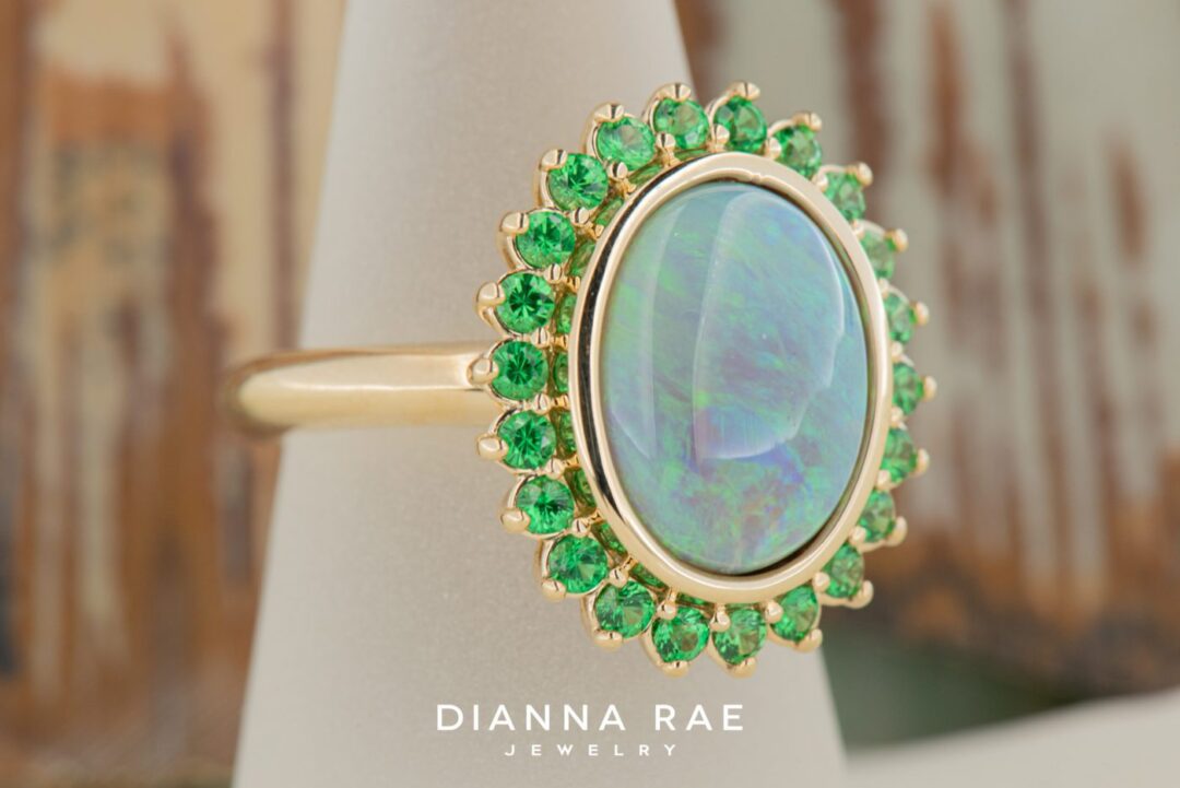 14k Yellow Gold Opal and Tsavorite Garnet Ring - Image 2