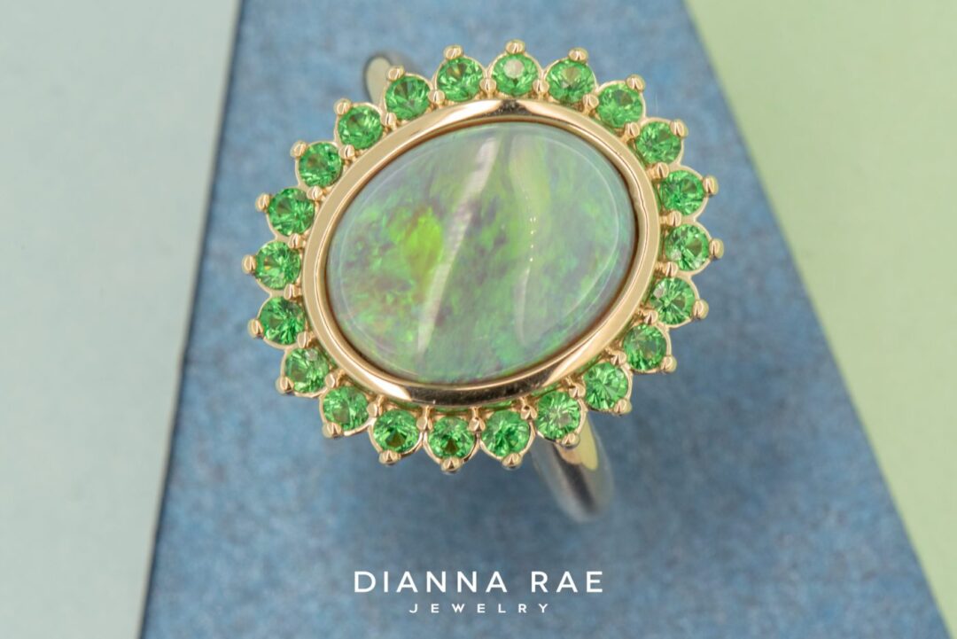 14k Yellow Gold Opal and Tsavorite Garnet Ring - Image 3
