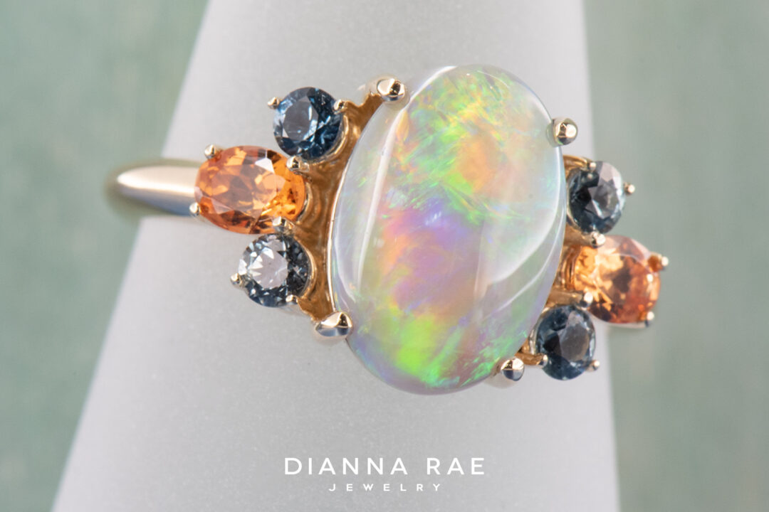 14k Yellow Gold Opal, Montana Sapphire, and Spessartite Garnet Ring - Image 2