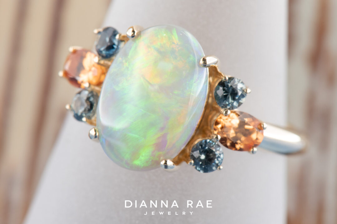 14k Yellow Gold Opal, Montana Sapphire, and Spessartite Garnet Ring