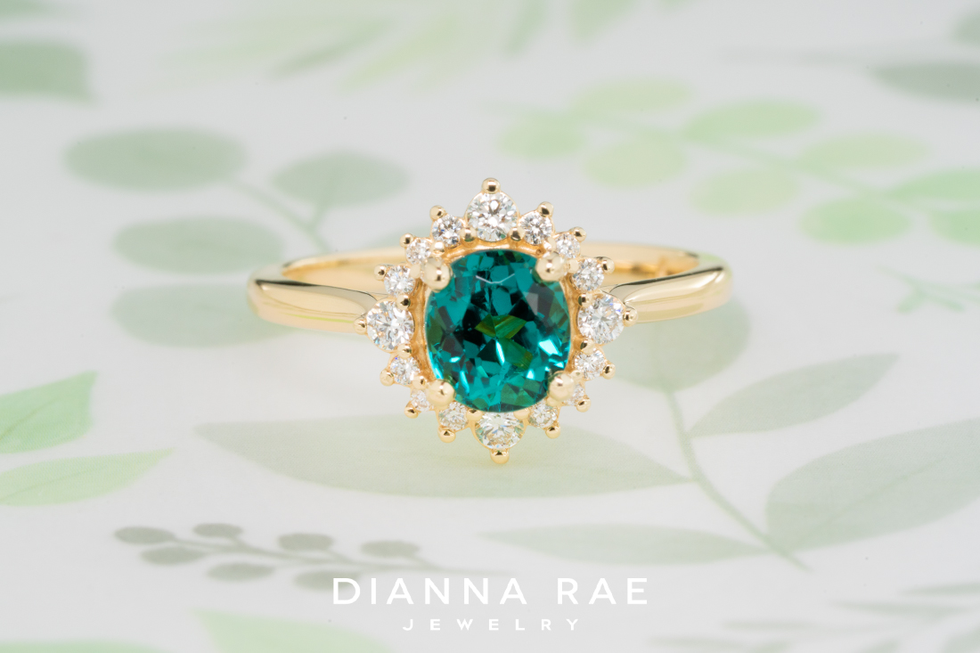 Green Tourmaline Ring with Diamond Accented Halo