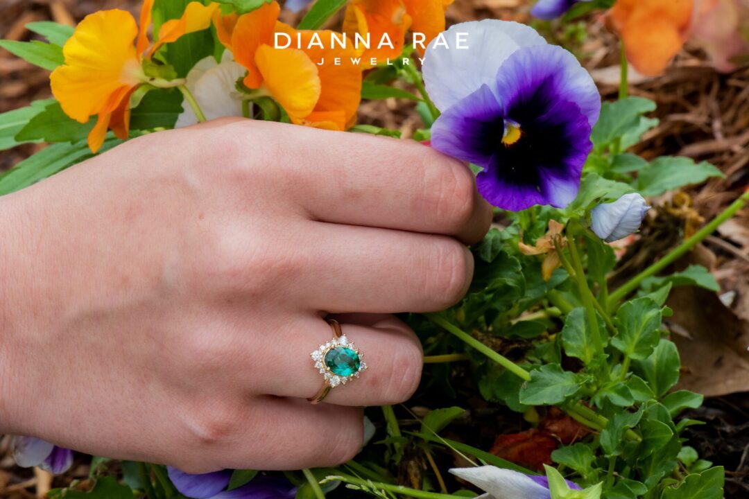 Yellow Gold Green Tourmaline with Diamond Cluster Ring - Image 5