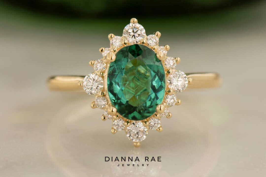 Yellow Gold Green Tourmaline with Diamond Cluster Ring - Image 4