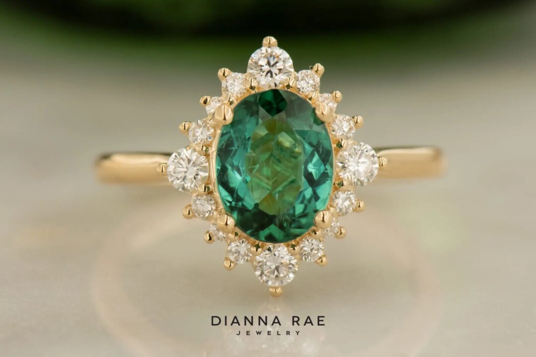 Yellow Gold Green Tourmaline with Diamond Cluster Ring