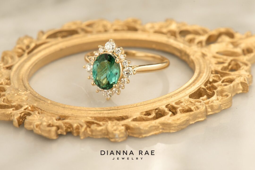 Yellow Gold Green Tourmaline with Diamond Cluster Ring - Image 6