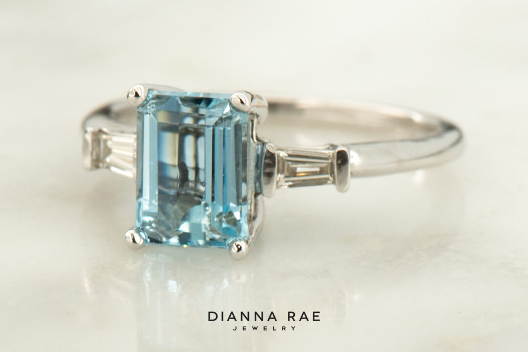 White Gold Aquamarine and Diamond Baguette Ring - Image 2