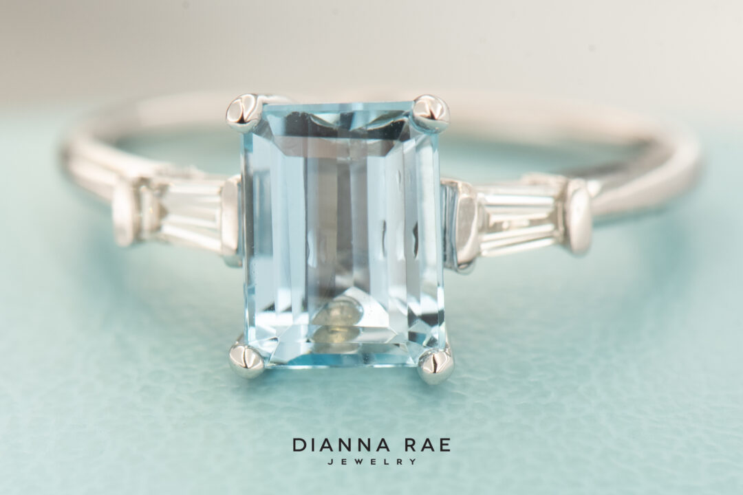 White Gold Aquamarine and Diamond Baguette Ring - Image 3