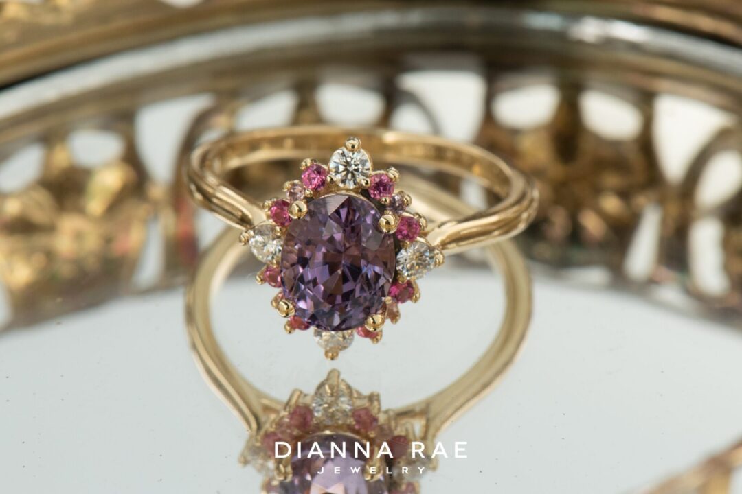 14k Yellow Gold Purple Spinel, Pink Spinel & Diamond Cluster Ring - Image 6