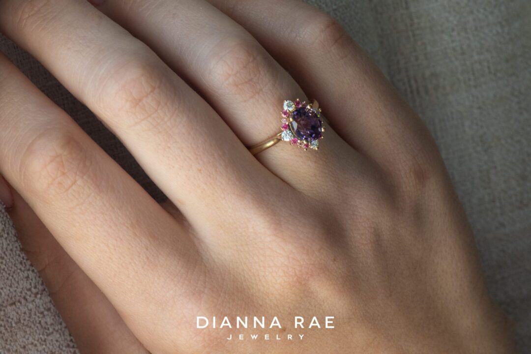 14k Yellow Gold Purple Spinel, Pink Spinel & Diamond Cluster Ring - Image 7