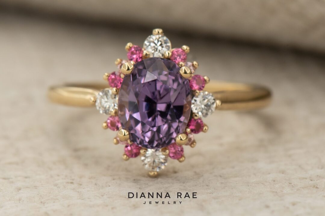 14k Yellow Gold Purple Spinel, Pink Spinel & Diamond Cluster Ring - Image 5