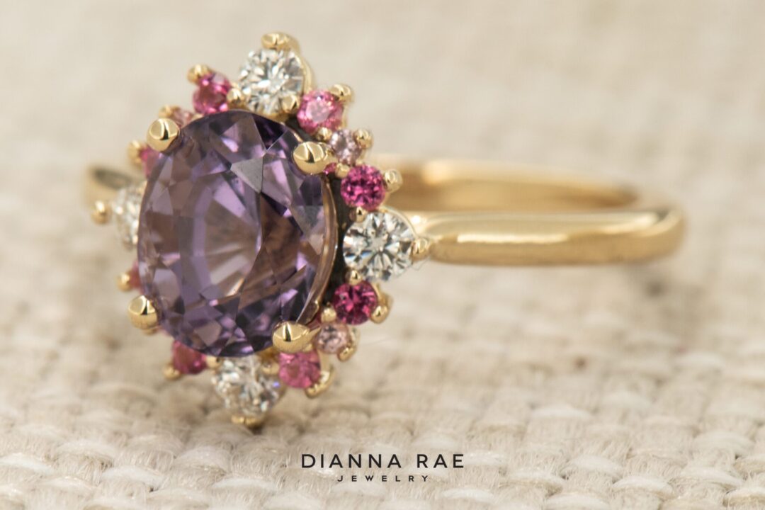 14k Yellow Gold Purple Spinel, Pink Spinel & Diamond Cluster Ring - Image 4