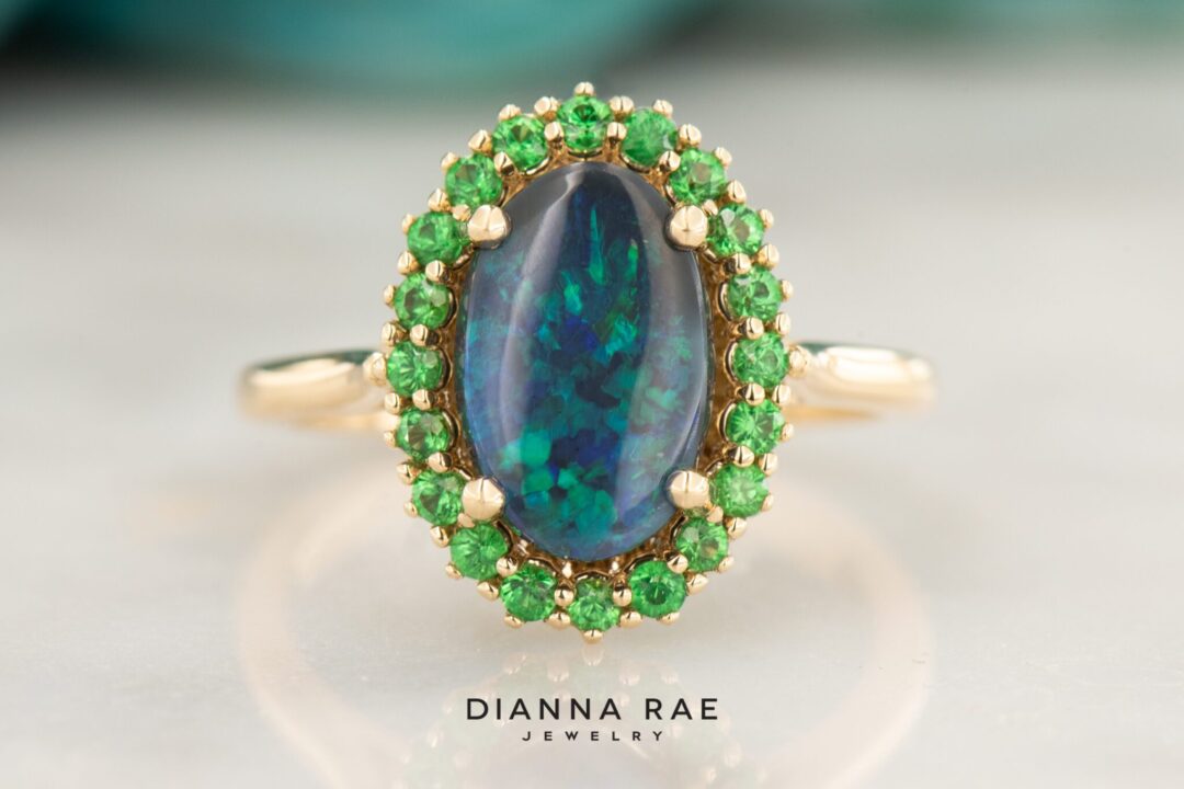 14k Yellow Gold Black Opal and Tsavorite Garnet Ring - Image 3