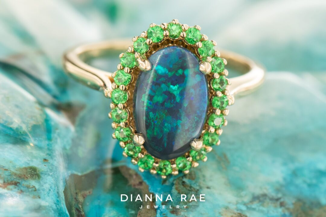 14k Yellow Gold Black Opal and Tsavorite Garnet Ring - Image 4