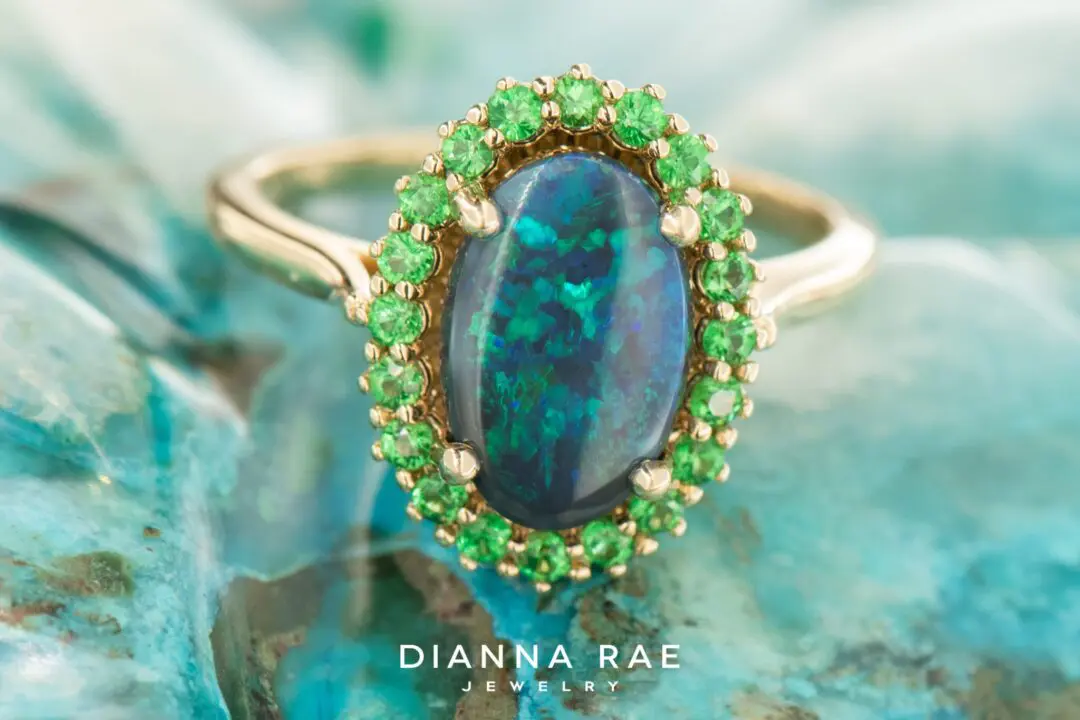14k Yellow Gold Black Opal and Tsavorite Garnet Ring - Image 2