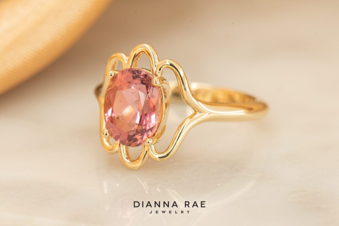 14k Yellow Gold Pink Tourmaline Art Deco RIng - Image 3