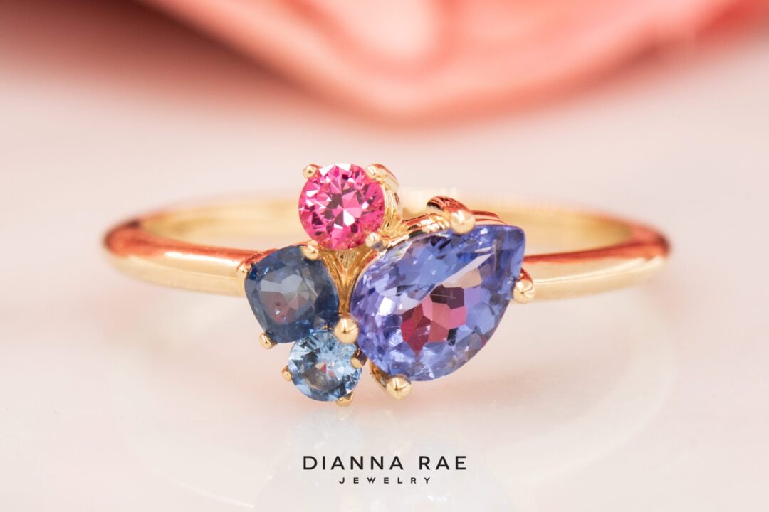 14k Yellow Gold Multicolor Gemstone Asymmetrical Ring - Image 3