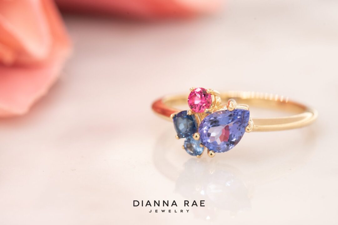 14k Yellow Gold Multicolor Gemstone Asymmetrical Ring - Image 4