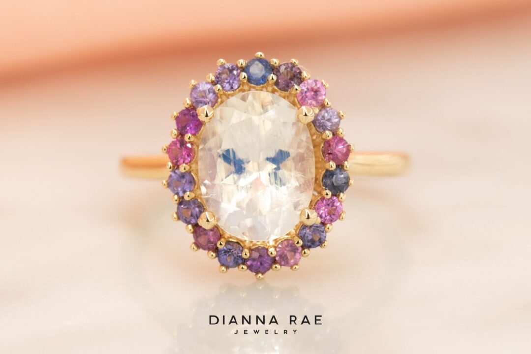 14k Yellow Gold Moonstone and Multicolor Sapphire Ring
