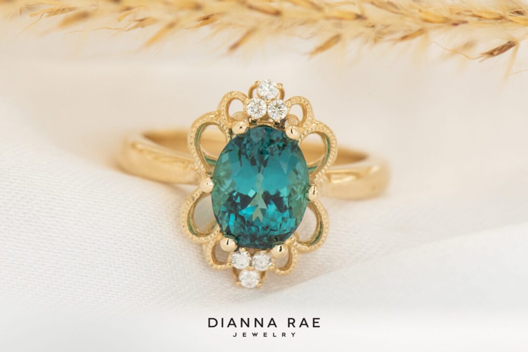 14k Yellow Gold Blue-Green Tourmaline Ring with Diamond Accents - Image 3