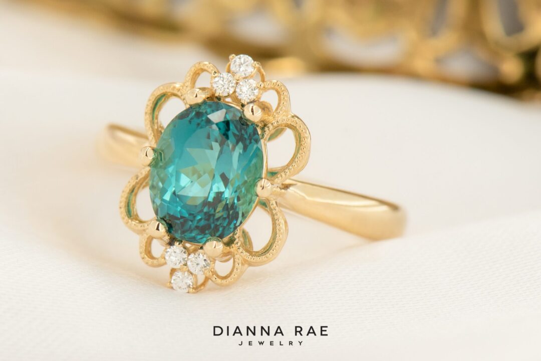 14k Yellow Gold Blue-Green Tourmaline Ring with Diamond Accents - Image 4